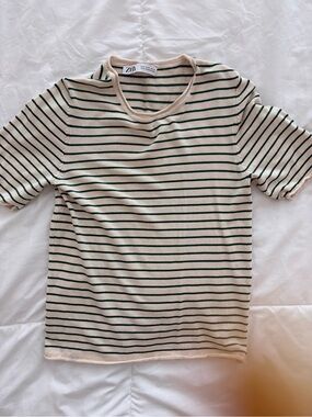 Zara Cream and Dark Green Striped Short Sleeve Top